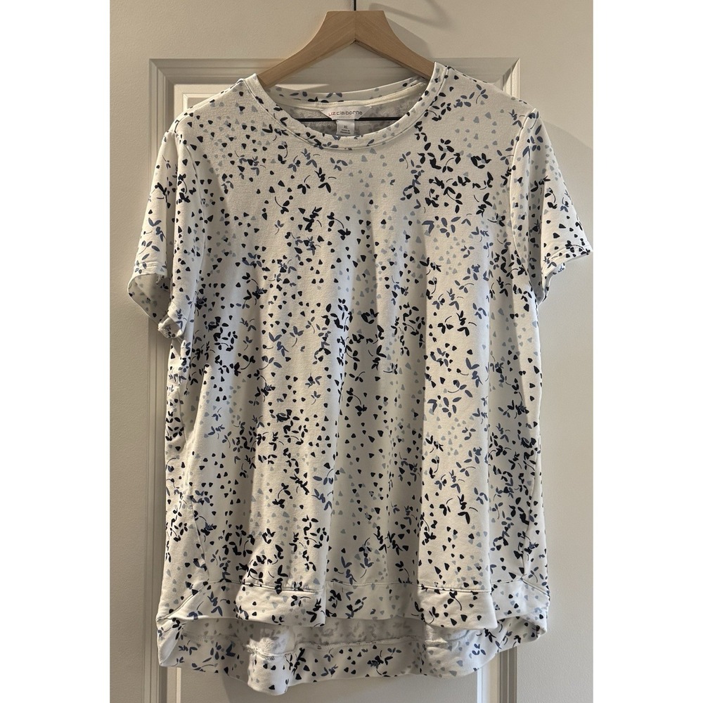 Liz Claiborne XL White Blue Floral Print Stretch Top Short Sleeve Hi Low Hem